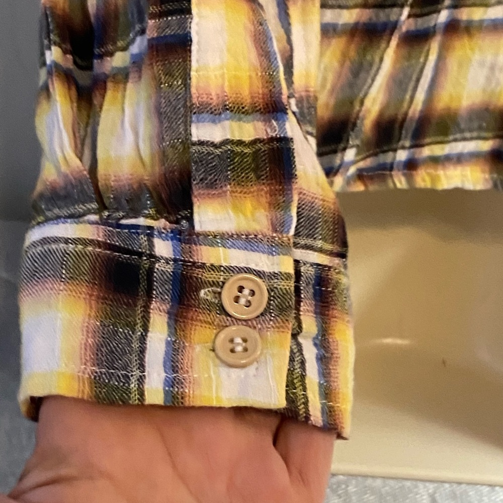 EUC yellow plaid blouse,Free People,pintuck waist, peplum,crochet trim,size S - Picture 14 of 14